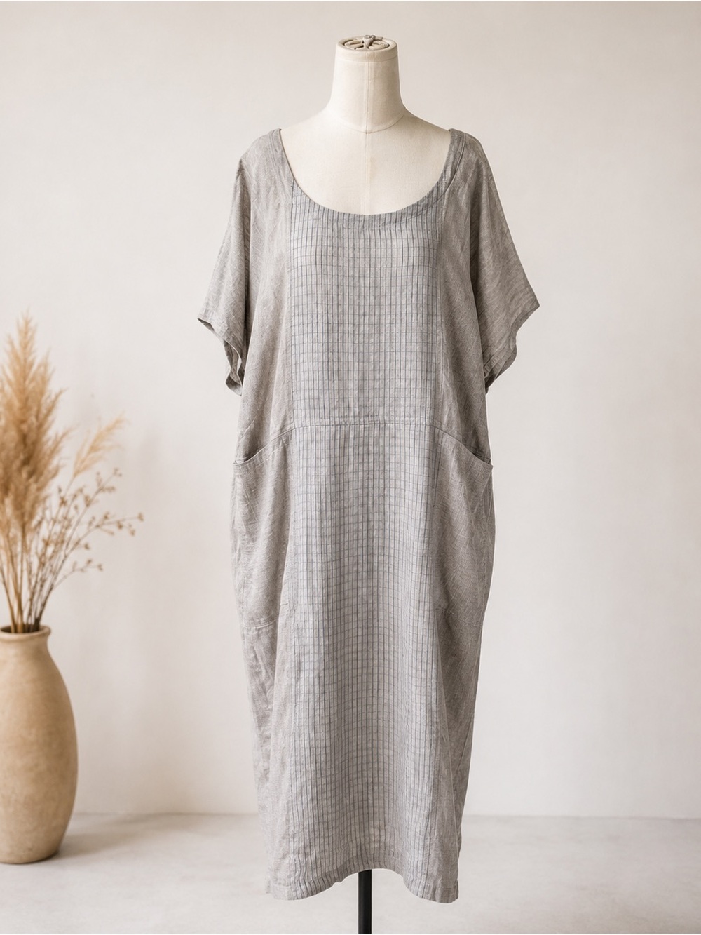Poetry Gray Striped 100% Linen Maxi Dress Size M Oversized Lagenlook Pockets